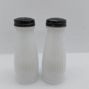 Vintage Ribbed Milk Glass Salt & Pepper Shakers With Black Metal Lids